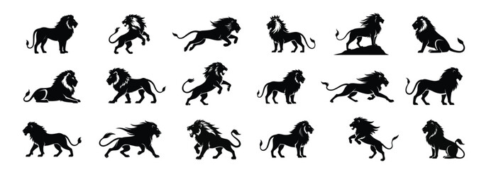Collection Of Lion Silhouettes On White Background