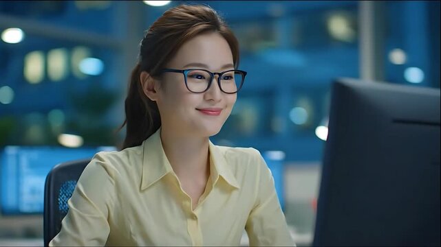 A woman working on a computer at night in an office environment