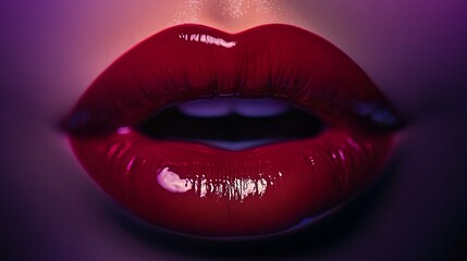 Extreme close up of glossy crimson lips with a slight pout and sensual appeal, illuminated by dramatic purple and pink lighting creating a luxurious and seductive mood