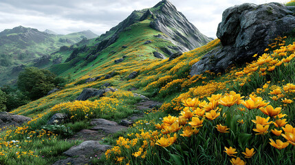Mountain trail surrounded by vibrant yellow flowers and lush greenery.