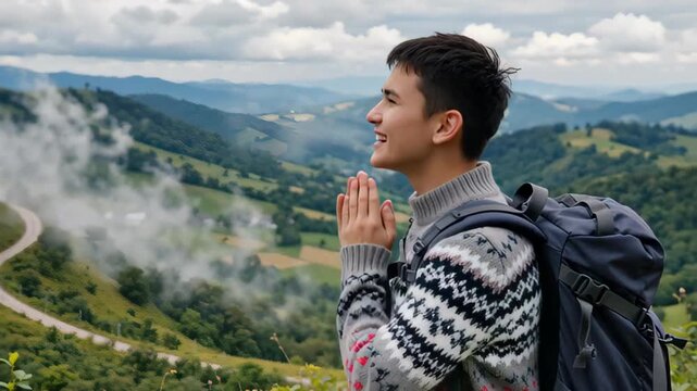 Young man in a patterned sweater shouting joyfully while standing on a scenic mountain overlook with misty hills in the background