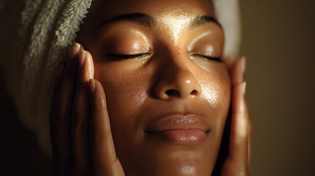 Close up of a Black Womans Face with Eyes Closed and Towel on Head.