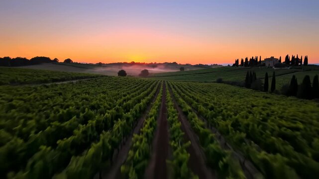Vineyard at sunset with mist