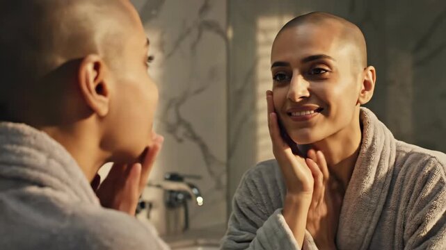A confident bald woman smiles at her reflection in the mirror. Touching her face and shaved head during a morning self-care routine. Body positivity and self-acceptance concept