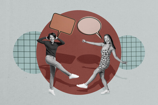 Image 3d poster artwork collage of happy girl guy stand bubble communication chatterbox speech scribble dialogue cloud talk - Powered by Adobe