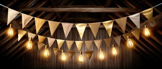 Obraz premium Decorative bunting and warm lights hang in a rustic wooden space, creating a cozy atmosphere for gatherings or celebrations
