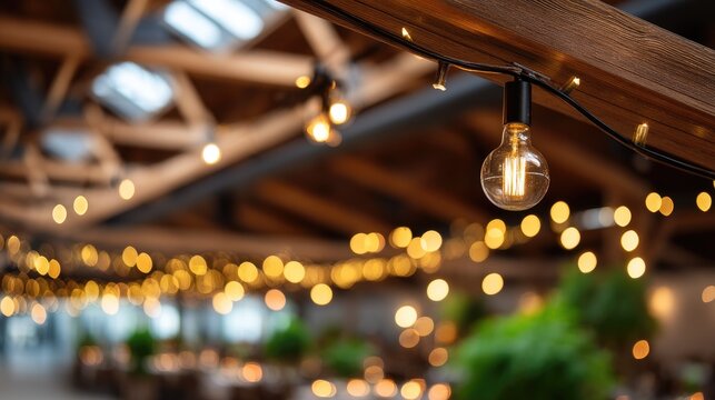 Warm lighting creates a cozy atmosphere in a rustic venue decorated for a special event in the evening