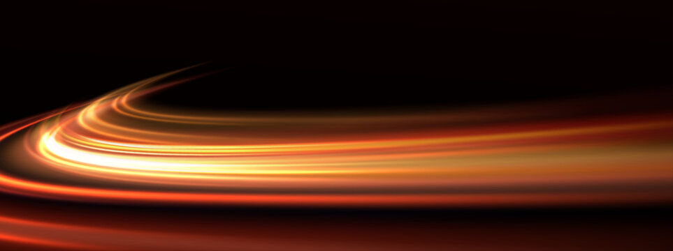 Vector illustration of a dynamic stream of glowing gold and orange light trails stretching across a deep black background. Smooth curved lines, movement, speed, and energy, creating a luminous wave.