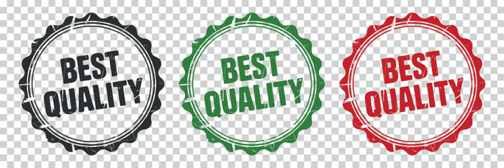 three circular best quality badges in varying colors of black green and red are displayed against a transparent background showcasing product validation