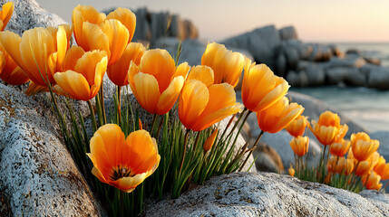 Vibrant orange poppies grow among rocks near a coastal scene.