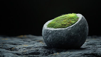 Moss Growing on a Stone in a Dark Natural Environment
