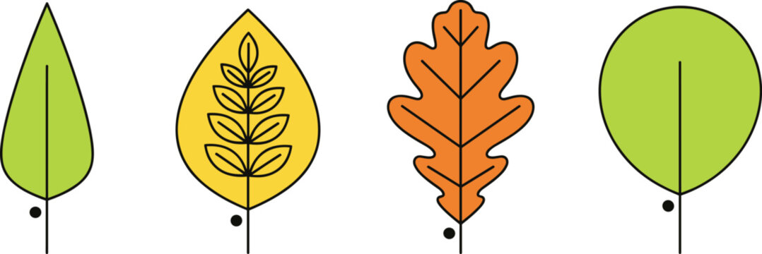 Autumn leaf icons set vector illustration with green and orange foliage shapes in flat cartoon style isolated on white for seasonal nature and decorative designs