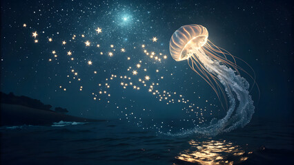 Glowing Jellyfish in Deep Blue Ocean at Night Background