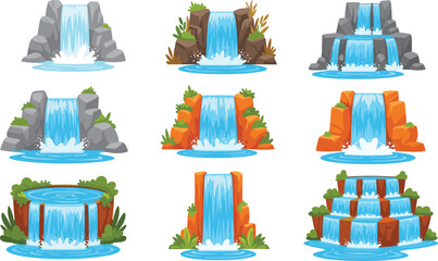 Set of nine detailed cartoon waterfalls on rocks, featuring clear blue cascading water and lush green foliage, vector illustration for nature, landscape, game asset, and environment design. © Sagar Creative