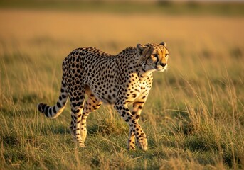 Naklejka premium A cheetah walks through the tall, dry grass of the african savanna during a golden sunset, its spotted coat illuminated by the warm light