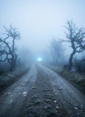Obraz premium Mysterious Glowing Light Illuminates Foggy Dirt Road Lined With Bare Trees Under A Misty Sky