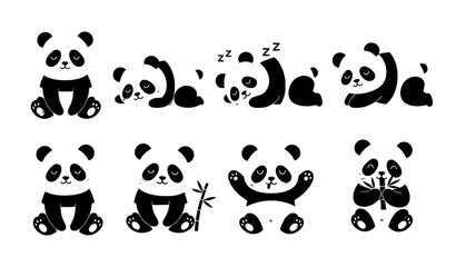 Cute baby panda flat vector illustration set with sleepy lazy cartoon bear poses eating bamboo isolated on white © Mun islam