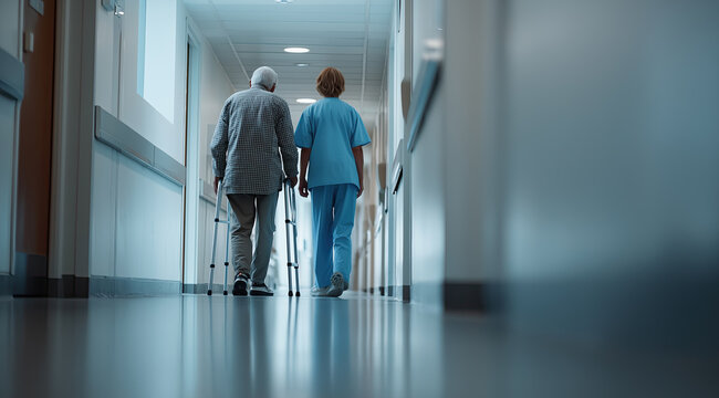 Care professional accompanies older walker user down bright corridor, symbolizing supportive recovery. - Powered by Adobe