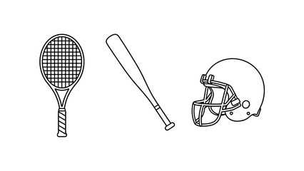 Vector Icons of Tennis Racket, Baseball Bat, and American Football Helmet on a White Background