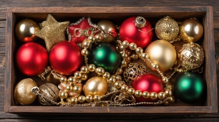 Colorful collection of Christmas ornaments and decorations in a wooden box ready for the holiday season