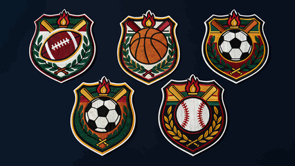 Obraz premium A collection of sports emblems featuring various athletic symbols on a dark background