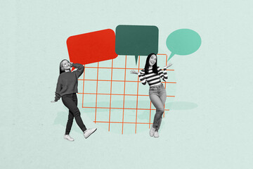 Image 3d poster artwork collage of happy girl guy stand bubble communication chatterbox speech scribble dialogue cloud talk