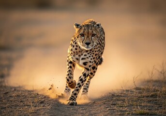 Naklejka premium A cheetah runs at full speed across a dusty savanna during golden hour, kicking up dirt and dust