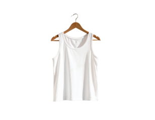 Plain white tank top hanging on a coat hanger with a shadow on the wall