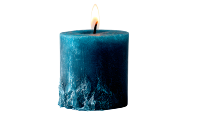 Blue candle with flame isolated on white background