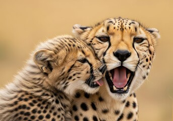 Fototapeta premium A mother cheetah licks her cub affectionately in the african savanna, showcasing a tender moment of maternal care and bonding between the two big cats