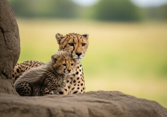 Fototapeta premium A mother cheetah and her cub rest together on a rocky outcrop in the kenyan savanna, a symbol of protection and the bond between parent and offspring