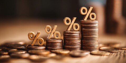 Growth in Financial Investments Represented by Rising Coins and Percentage Symbols on a Wooden Surface, Concept of Profit and Economic Progress