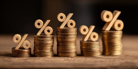 Growth in Financial Investments Represented by Rising Coins and Percentage Symbols on a Wooden Surface, Concept of Profit and Economic Progress