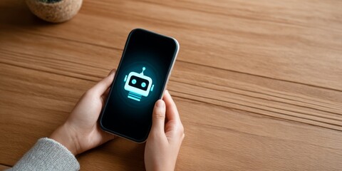 Hands holding smartphone with digital interface displaying smart robot features and artificial intelligence technology on wooden table background