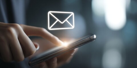Person Interacting with Digital Envelope Icon on a Modern Interface, Highlighting Notification of New Messages on Smartphone in Soft Focus Background