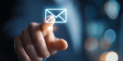 Person Interacting with Digital Envelope Icon on a Modern Interface, Highlighting Notification of New Messages on Smartphone in Soft Focus Background