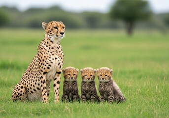Fototapeta premium A mother cheetah sits attentively in a grassy field, guarding her three adorable cubs who are nestled closely beside her