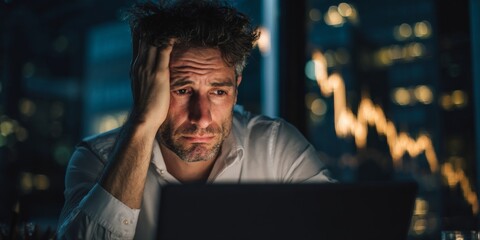 Frustrated Businessman Analyzing Declining Stock Market Trends While Working on Laptop in Darkened Office Environment