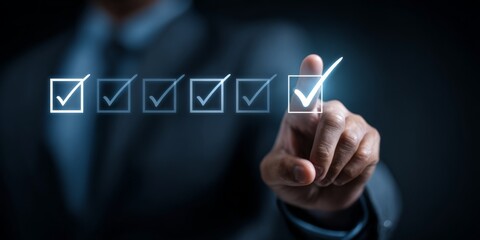 Businessman Holding Digital Checkmark with Technology Icons in Dark Background, Symbolizing Success, Approval, and Innovation in Communication Strategies