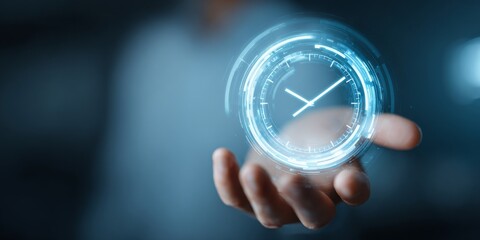 Modern Hand Holding Virtual Clock Icon Representing 24/7 Availability and Always On Service with Technology and Time Management Concept
