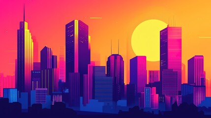 Fototapeta premium A vibrant cityscape at dusk with skyscrapers lighting up as the evening unfolds