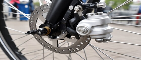 Obraz premium Close-up view of a bicycle disc brake system showcasing the intricate components and design on a city street