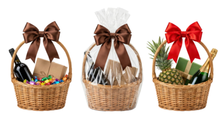 Decorative gift baskets with vibrant contents isolated on transparent background