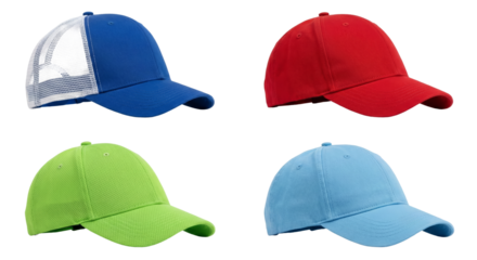 Set of four colorful baseball caps with mesh and solid fabric designs isolated on transparent