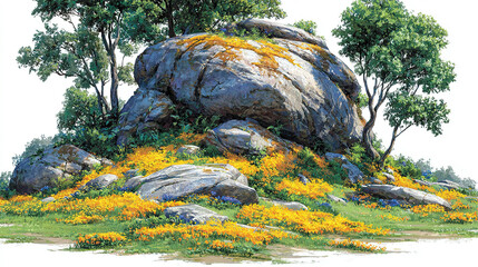 Large rock formation surrounded by trees and colorful flowering plants.