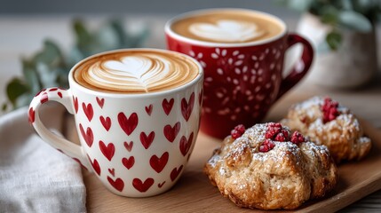 Two coffee cups with heart designs, one red and one white, accompanied by a pastry topped with berries, creating a cozy and inviting atmosphere for a delightful experience