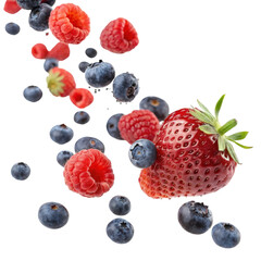 Bright assortment of falling berries creating a feast for the eyes on a pure white background