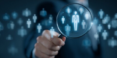 Business professional using magnifying glass to find potential candidates in a digital recruitment concept for modern hiring solutions and workforce strategy