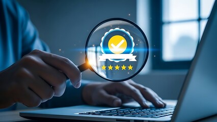 A person interacting with a futuristic digital interface on a laptop computer screen