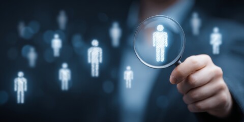 Business professional using magnifying glass to find potential candidates in a digital recruitment concept for modern hiring solutions and workforce strategy